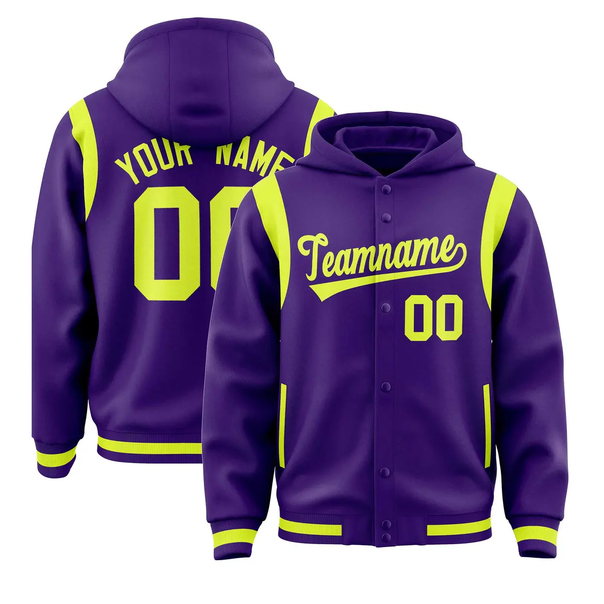 Purple Fluorescent Green Varsity Letterman Color Block Hoodie Jacket