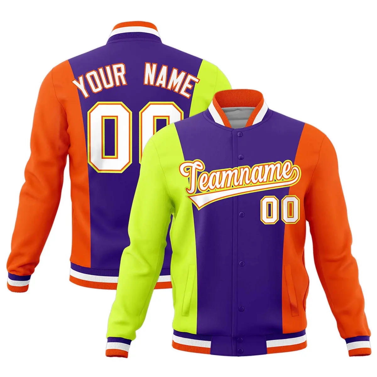 Purple Fluorescent Green Yellow Three Color Block Varsity Letterman Jacket