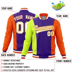 Purple Fluorescent Green Yellow Three Color Block Varsity Letterman Jacket 2