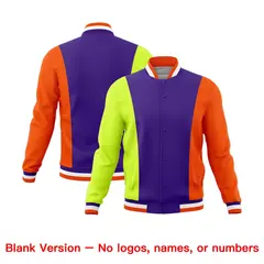 Purple Fluorescent Green Yellow Three Color Block Varsity Letterman Jacket 7