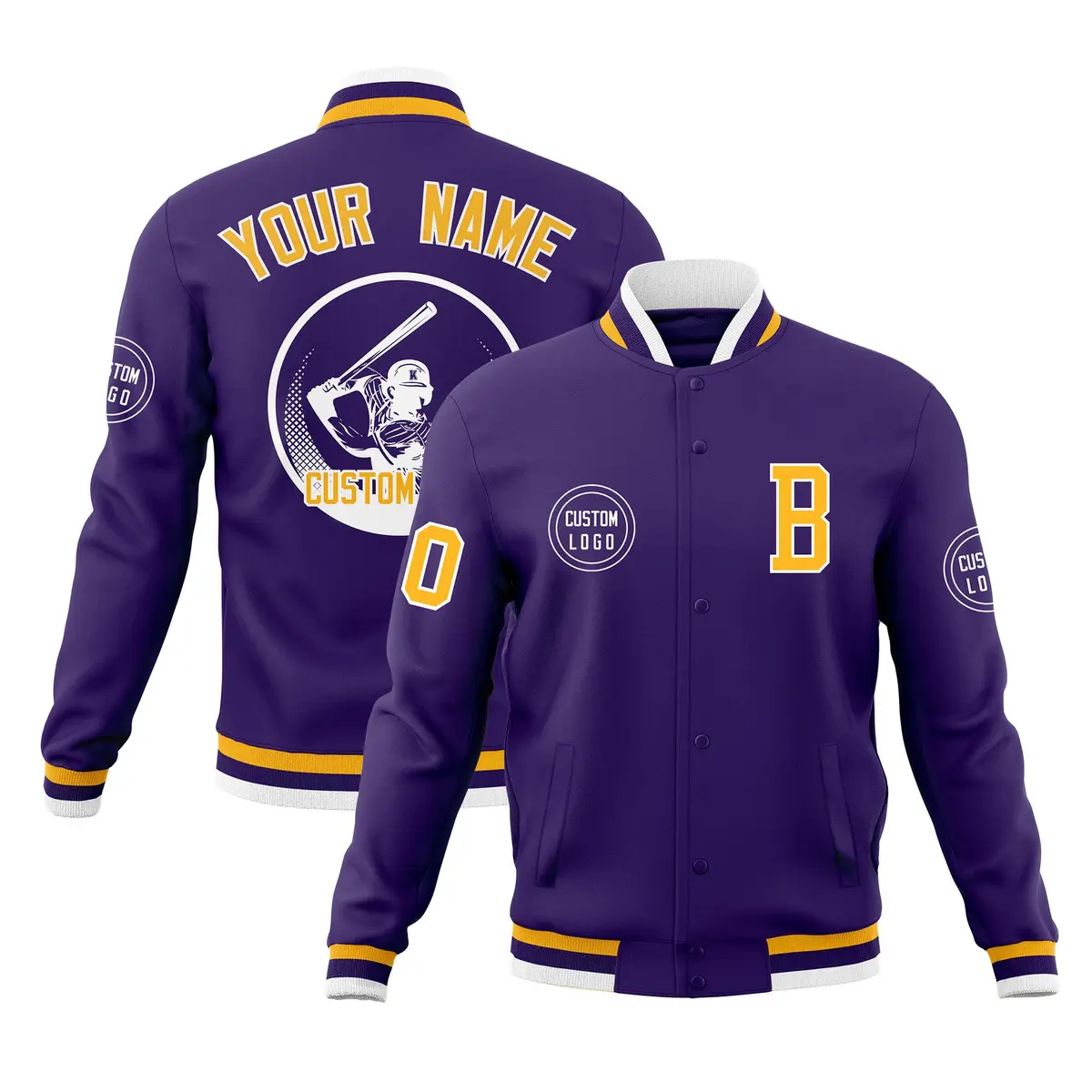 Purple Full-Snap Varsity Letterman Baseball Jacket