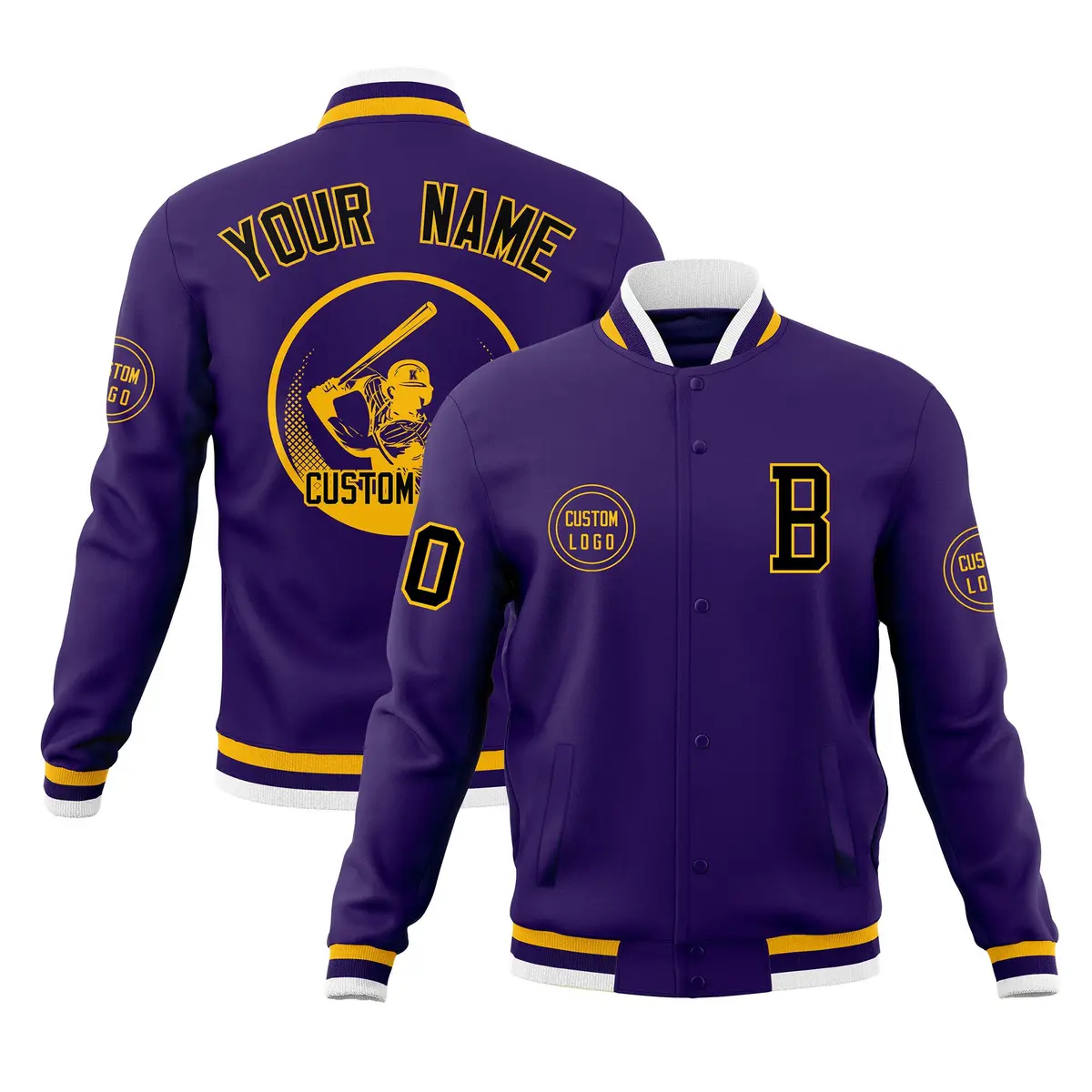 Purple Full-Snap Varsity Letterman Baseball Jacket