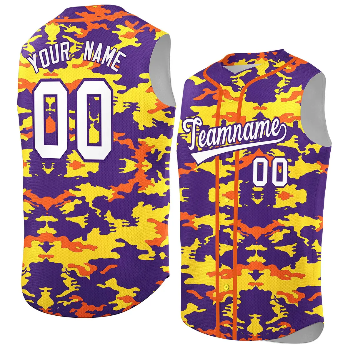 Purple Gold and Orange Camo Sleeveless Baseball Jersey