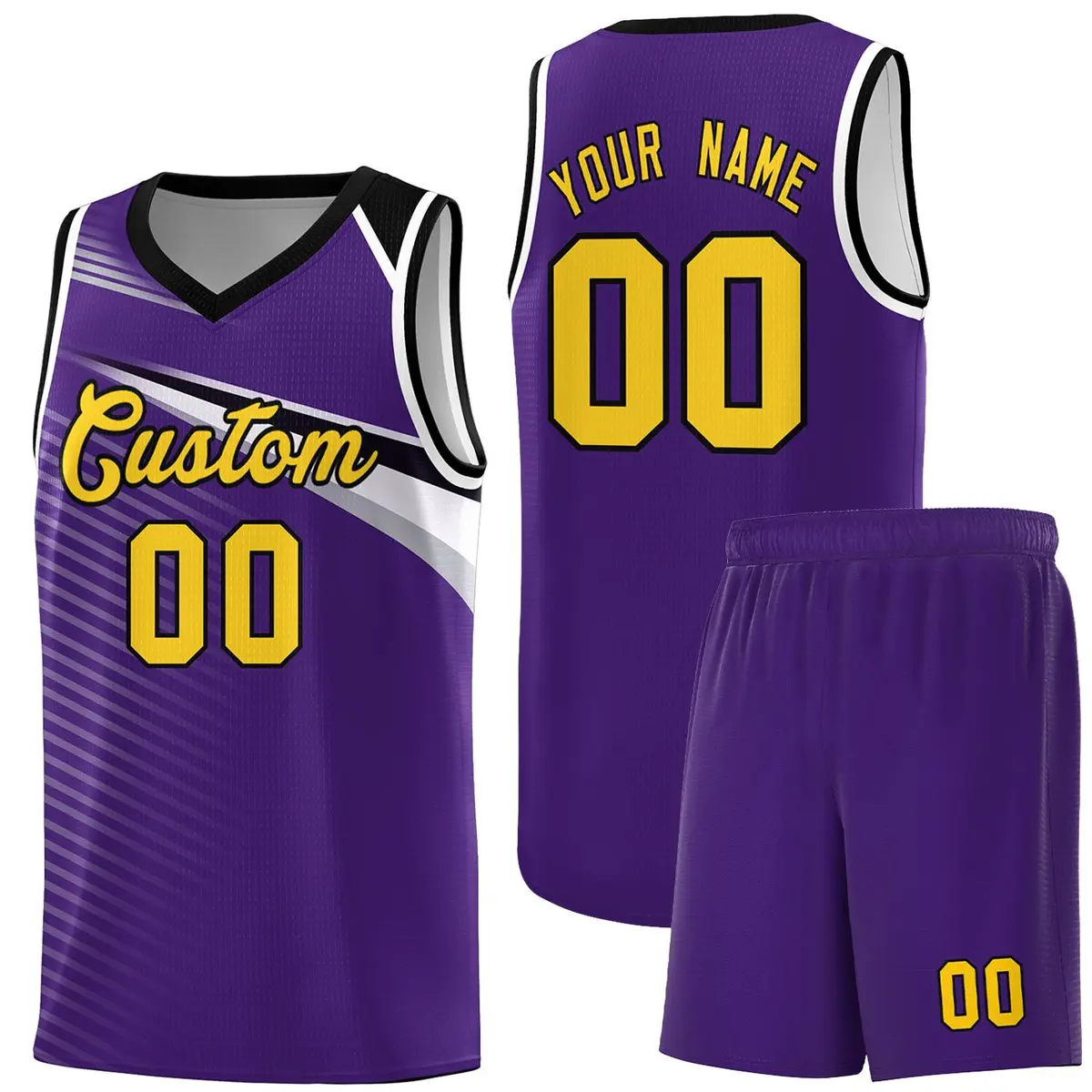 Purple Gold-Black Chest Color Block Basketball Jersey