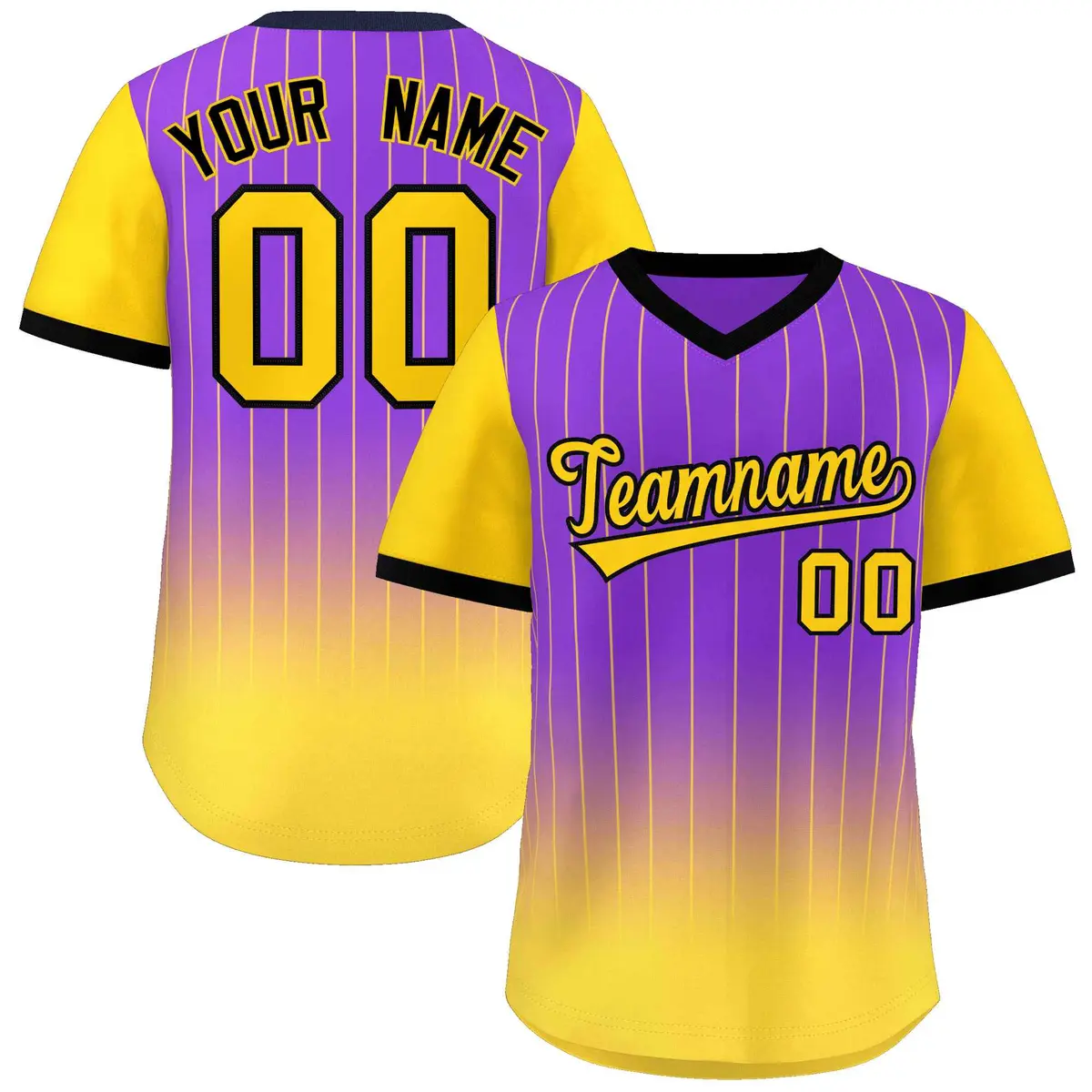 Purple Gold-Black Gradient Pullover Pinstripe Baseball Jersey