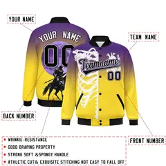 Purple Gold Black Halloween Skeleton Graffiti Varsity Jacket Moisture-Wicking 2