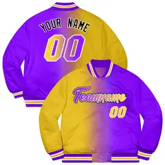 Purple Gold-Black Two Tone Gradient Letterman Bomber Jacket