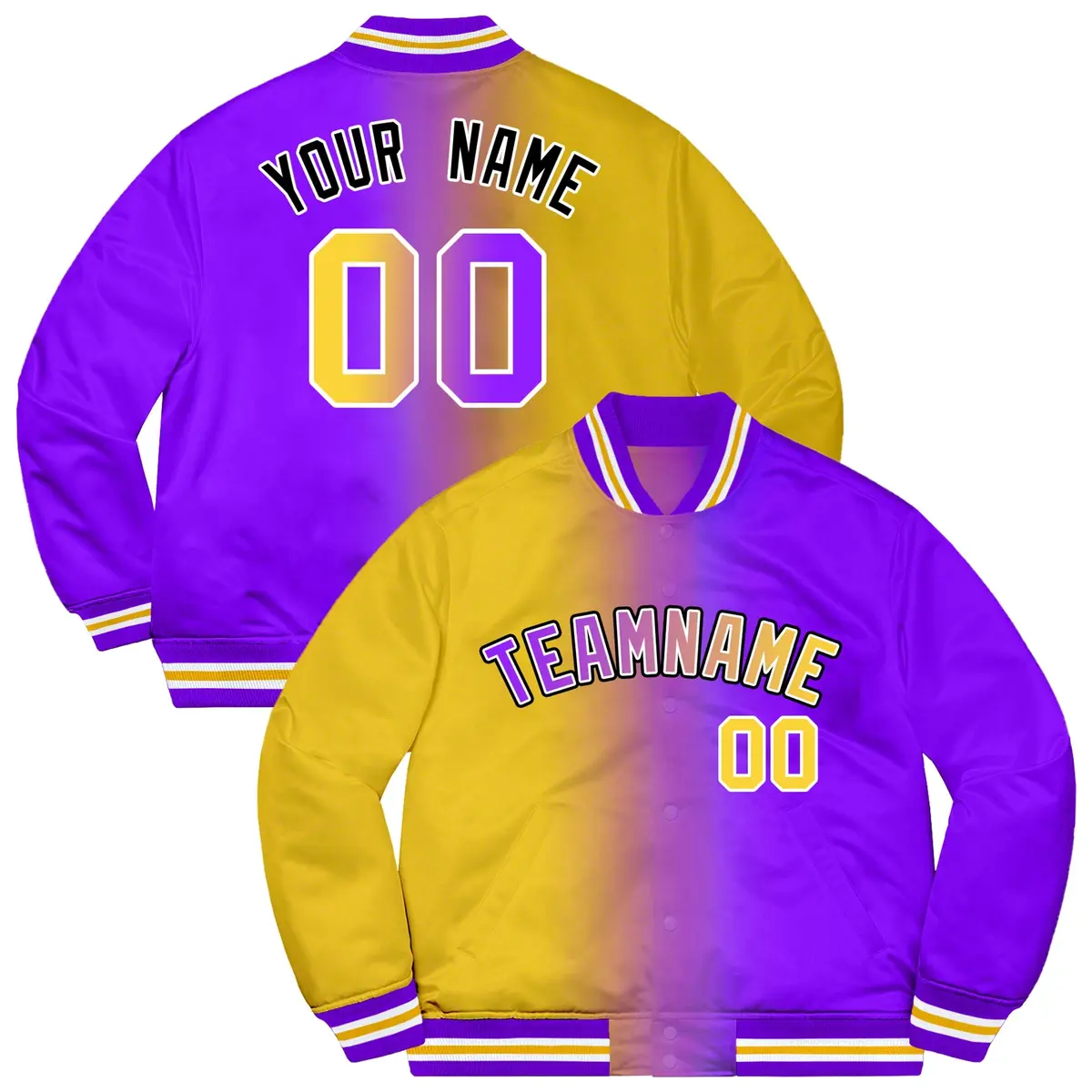 Purple Gold-Black Two Tone Gradient Letterman Bomber Jacket