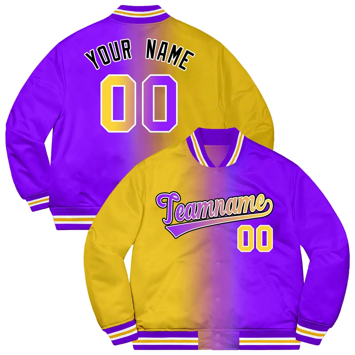 Purple Gold-Black Two Tone Gradient Letterman Bomber Jacket