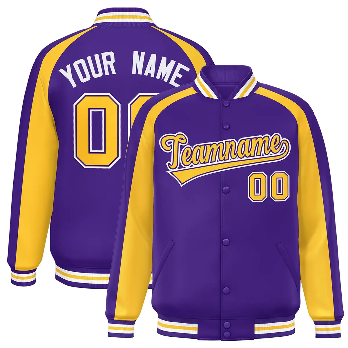 Purple Gold Color Block Raglan Varsity Letterman Jacket