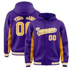 Purple Gold Color Block Varsity Full-Snap Letterman Jacket Hoodie