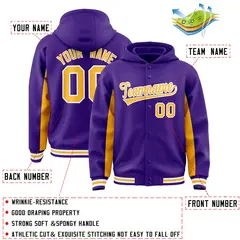 Purple Gold Color Block Varsity Full-Snap Letterman Jacket Hoodie 4