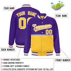 Purple Gold Color Block Varsity Full-Snap Letterman Jacket 2