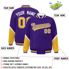 Purple Gold Color Block Varsity Letterman Baseball Jacket 2
