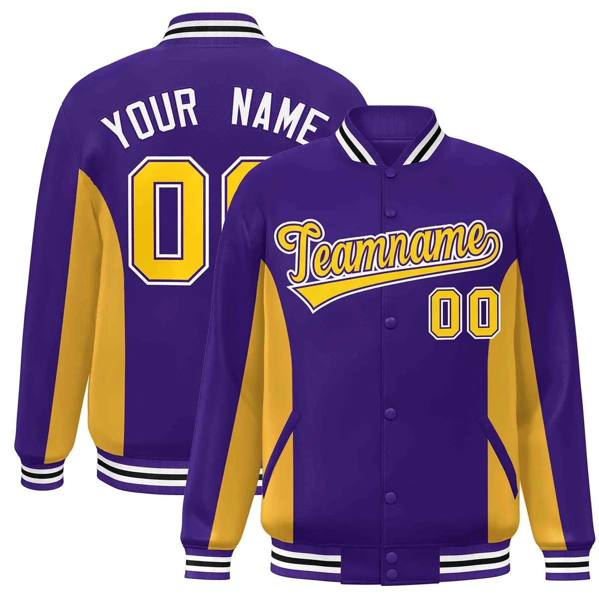 Purple Gold Color Block Varsity Letterman Baseball Jacket