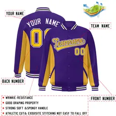 Purple Gold Color Block Varsity Letterman Baseball Jacket 2