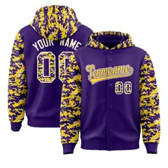 Purple Gold-Cream Raglan Sleeves Camo Varsity Full-Snap Letterman Jacket 1