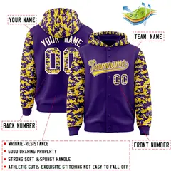 Purple Gold-Cream Raglan Sleeves Camo Varsity Full-Snap Letterman Jacket 4