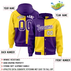 Purple Gold Four Squares Color Block Varsity Letterman Jacket Hoodie 4