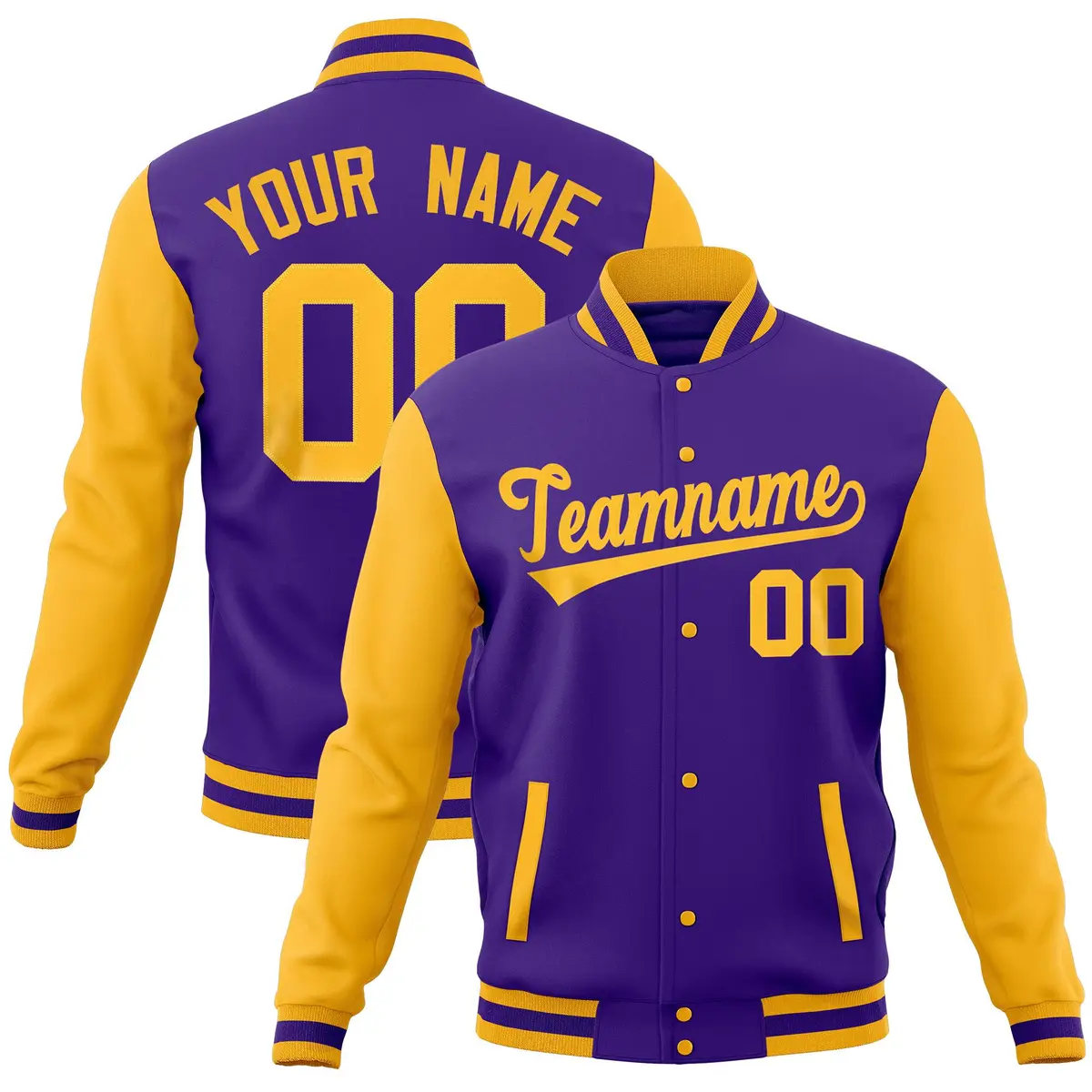 Purple Gold Full-Snap Varsity Raglan Letterman Baseball Jacket