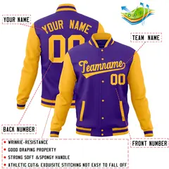 Purple Gold Full-Snap Varsity Raglan Letterman Baseball Jacket 4
