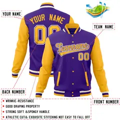 Purple Gold Full-Snap Varsity Raglan Letterman Baseball Jacket 4