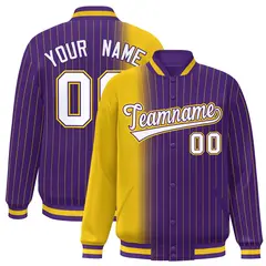 Purple Gold Gradient Pinstripe Varsity Full-Snap Letterman Baseball Jacket