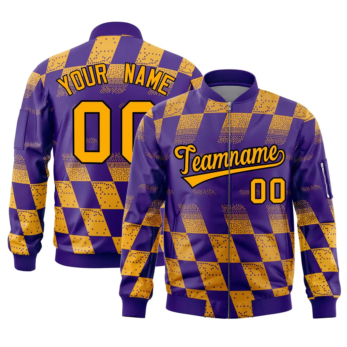 Purple Gold Grid Color Block Letterman Varsity Bomber Jacket