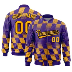 Purple Gold Grid Color Block Letterman Varsity Bomber Jacket