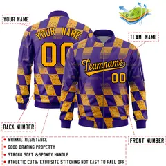 Purple Gold Grid Color Block Letterman Varsity Bomber Jacket 2