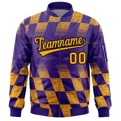 Purple Gold Grid Color Block Letterman Varsity Bomber Jacket 3