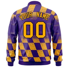 Purple Gold Grid Color Block Letterman Varsity Bomber Jacket 4