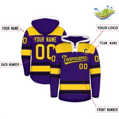 Purple Gold Lace-Up Neck Raglan Hockey Hoodie Jersey 2