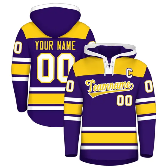 Purple Gold Lace-Up Neck Raglan Hockey Hoodie Jersey