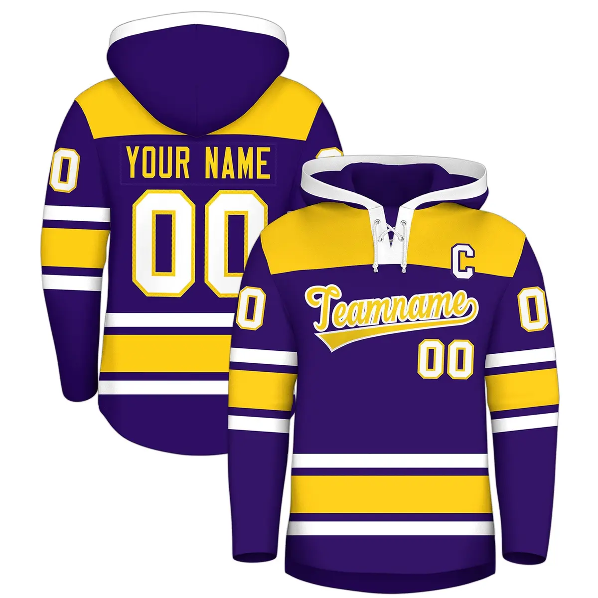 Purple Gold Lace-Up Neck Raglan Hockey Hoodie Jersey