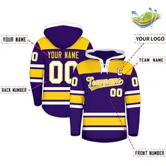 Purple Gold Lace-Up Neck Raglan Hockey Hoodie Jersey 2