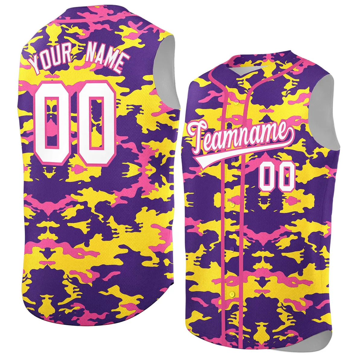 Purple Gold Pink Camo Sleeveless Baseball Jersey