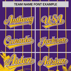 Purple Gold Pinstripe Coconut Tree Baseball Jersey 3