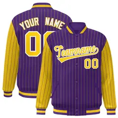 Purple Gold Pinstripe Raglan Full-Snap Letterman Baseball Jacket
