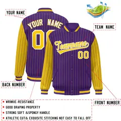 Purple Gold Pinstripe Raglan Full-Snap Letterman Baseball Jacket 2