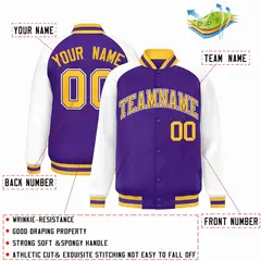 Purple Gold-Purple Raglan Full-Snap Varsity Letterman Jacket 2