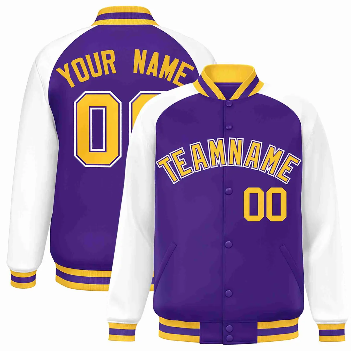 Purple Gold-Purple Raglan Full-Snap Varsity Letterman Jacket