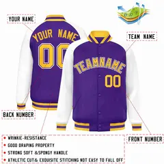 Purple Gold-Purple Raglan Full-Snap Varsity Letterman Jacket 2
