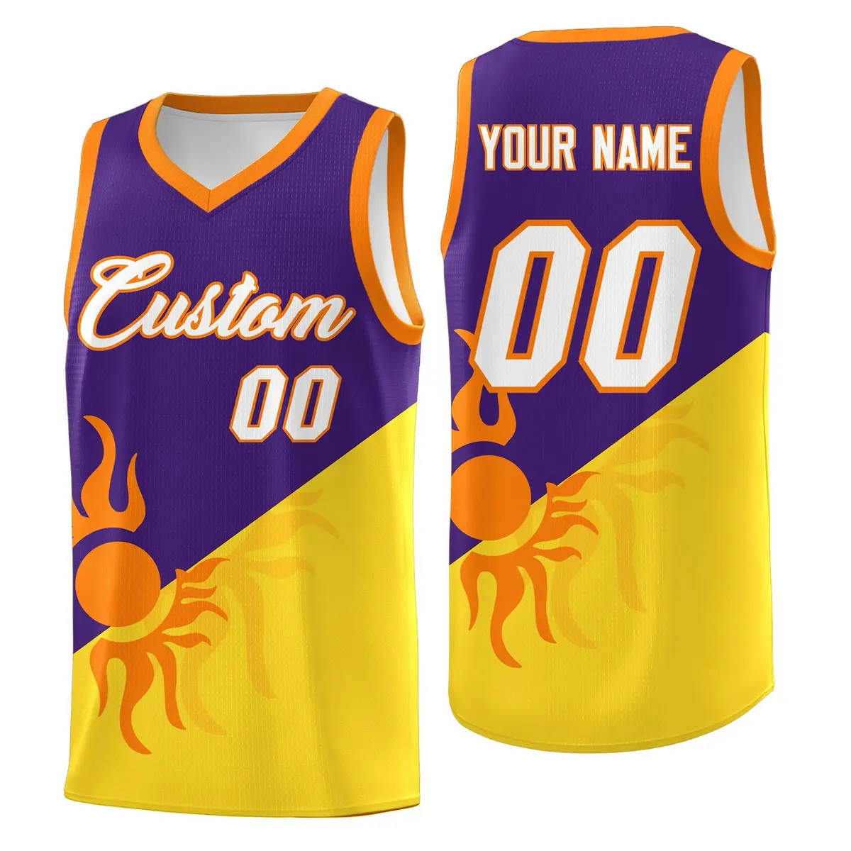 Purple Gold Radiant Sun Two Tone Uniform Basketball Jersey