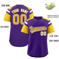Purple Gold Raglan Sleeves Contrast Baseball Jersey 2