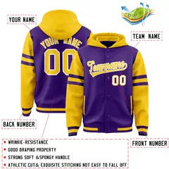 Purple Gold Raglan Three Stripes Varsity Letterman Jacket Hoodie 4