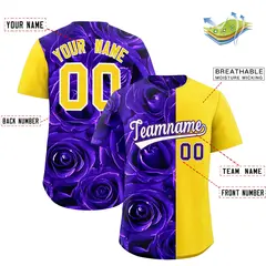 Purple Gold Rose Print Split Baseball Jersey 2