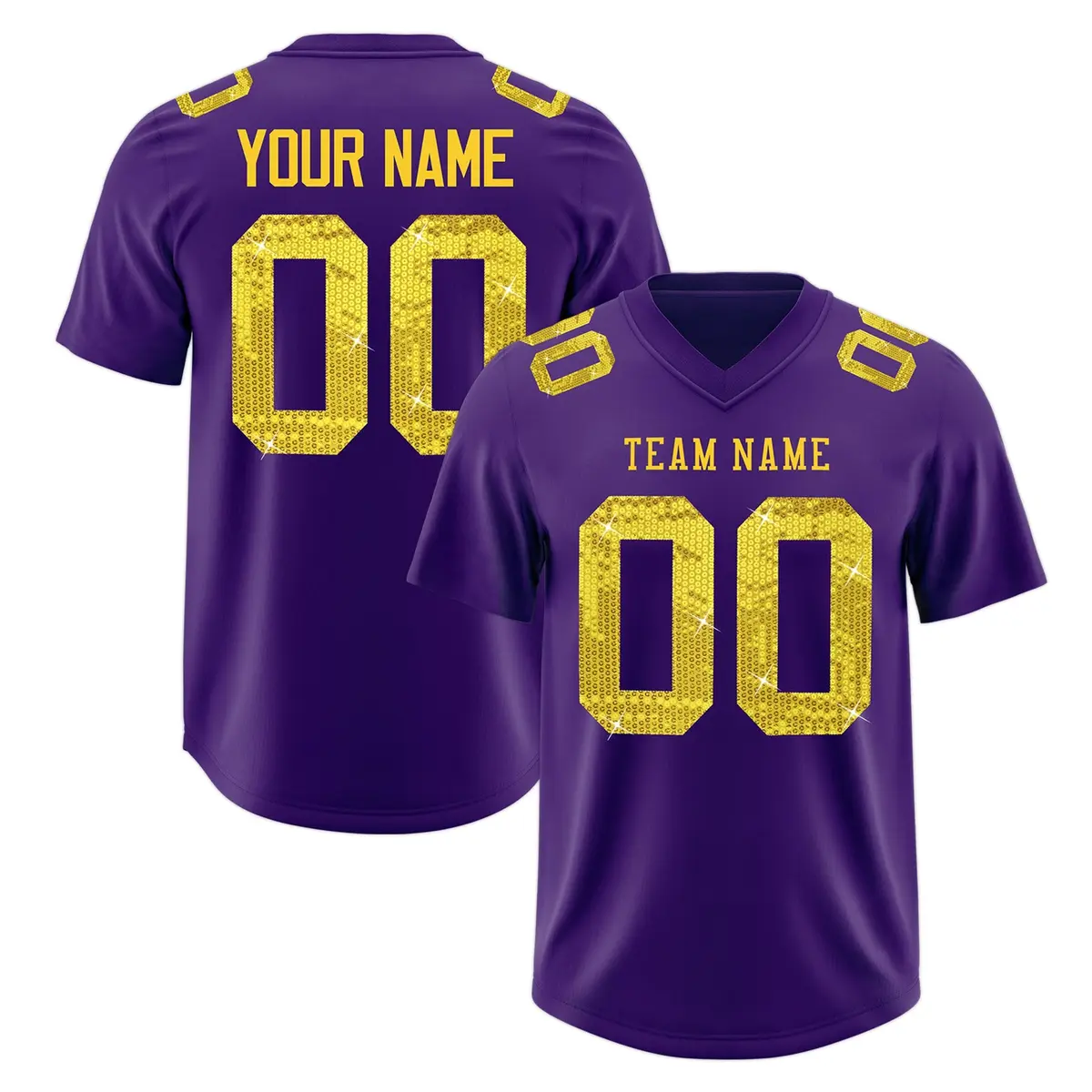 Purple Gold Sequin Lettering Football Jersey