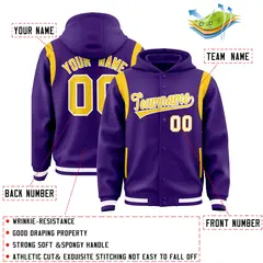 Purple Gold Shoulder Color Block Varsity Letterman Jacket Hoodie 4