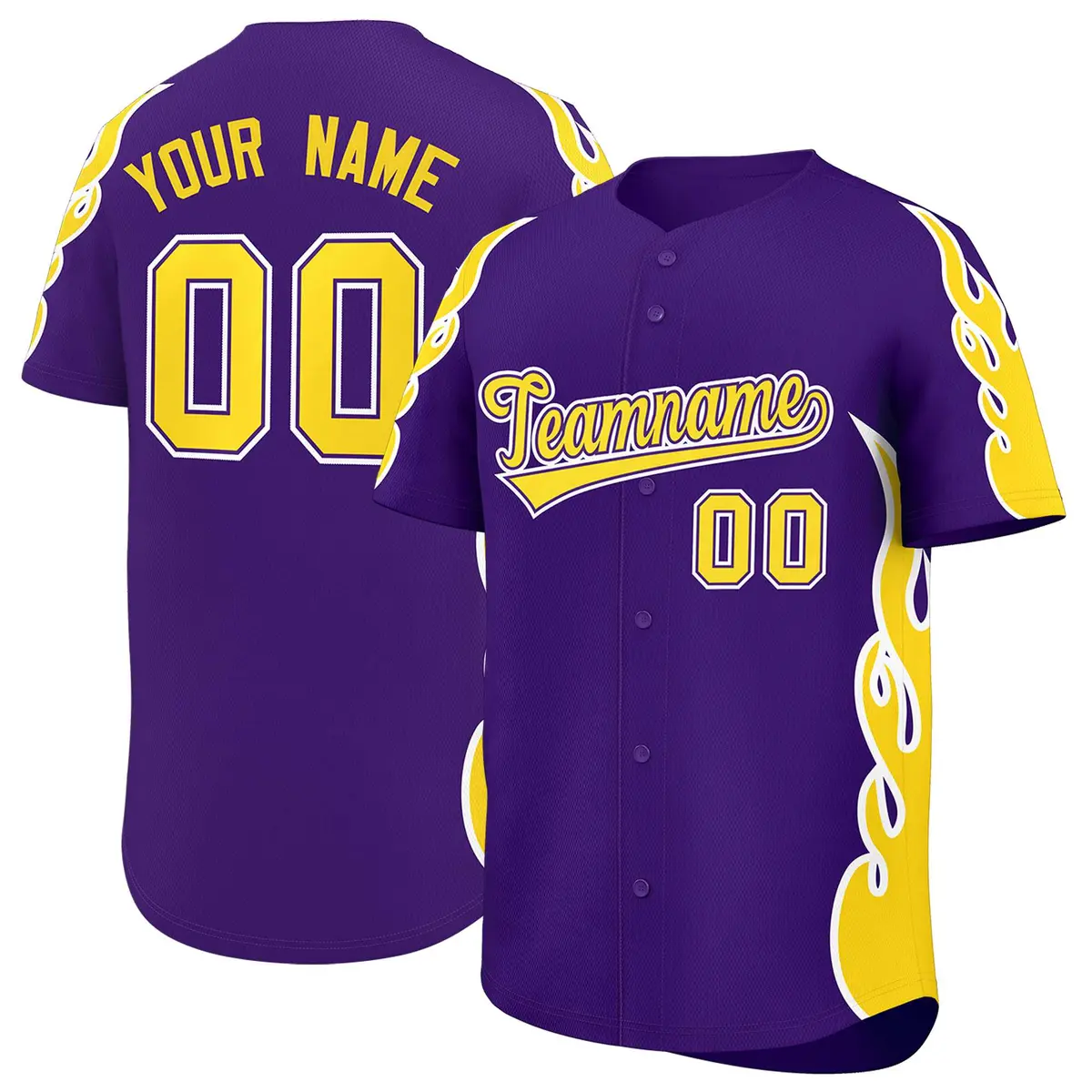 Purple Gold Side Flame Outline Baseball Jersey
